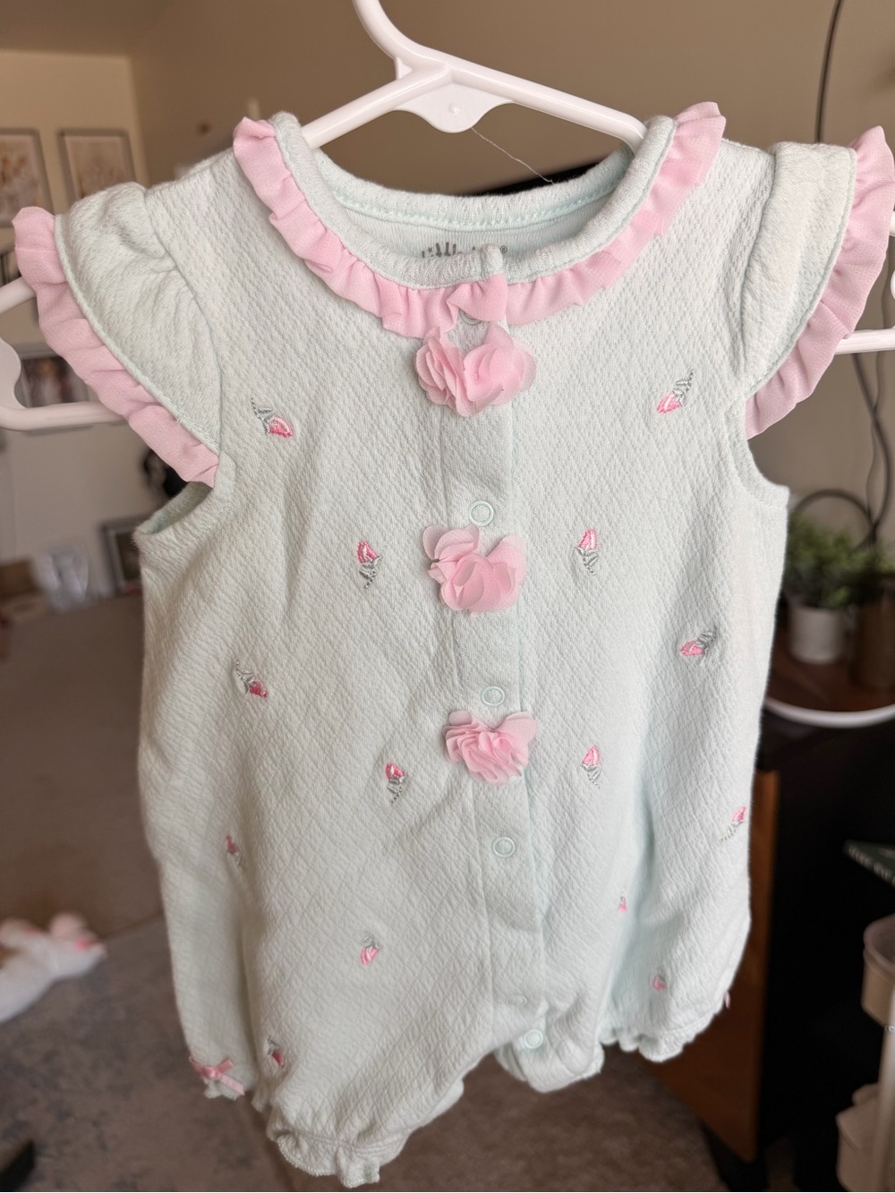 Little Me Mint and Pink Floral Ruffle Baby One-Piece